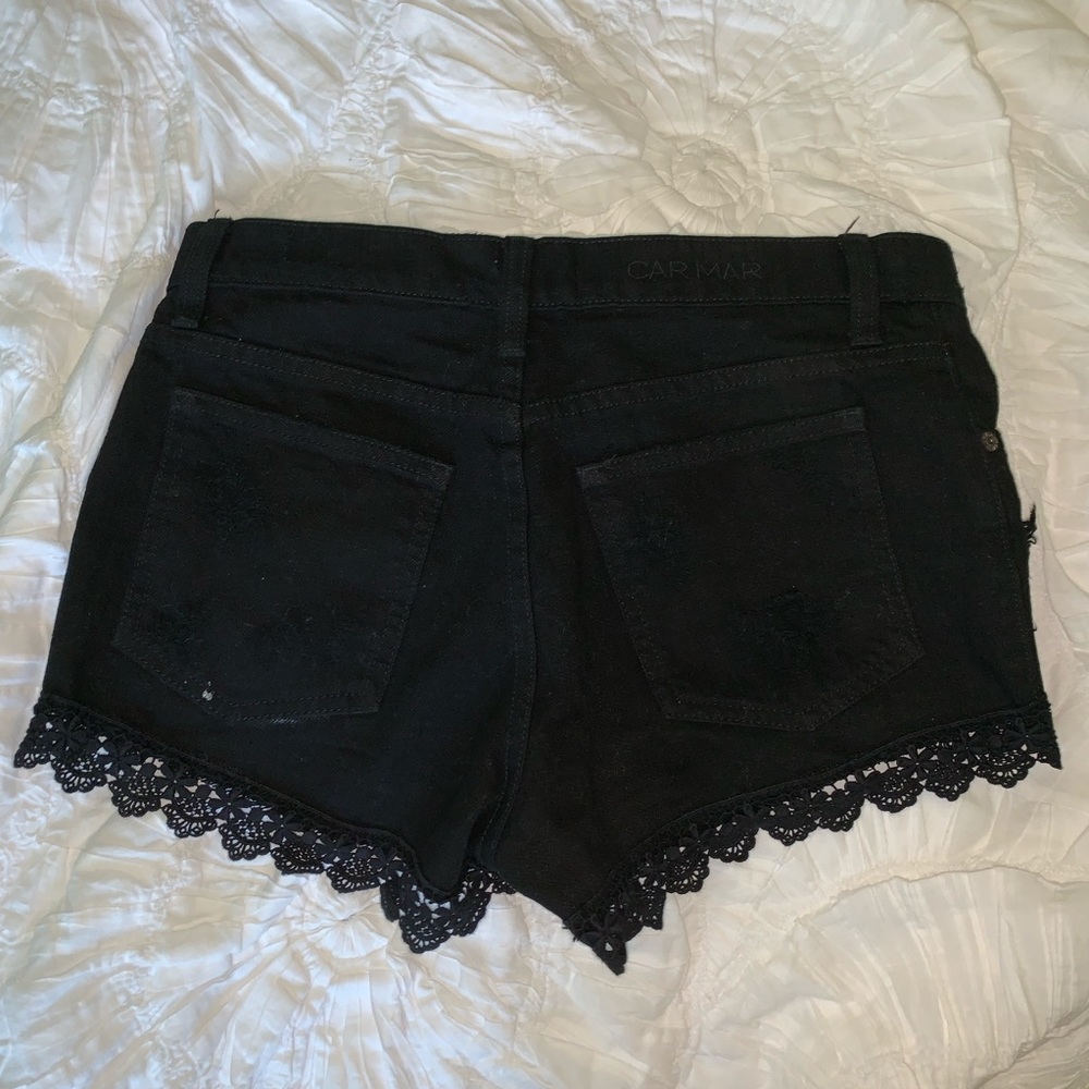 Lace trim, black denim shorts